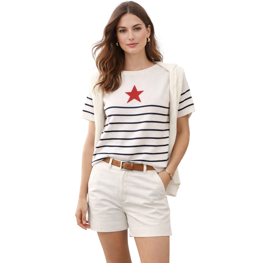 Vintage Liz Claiborne Costal Sailor Star & Stripe‎ Knit Sweater White Size L